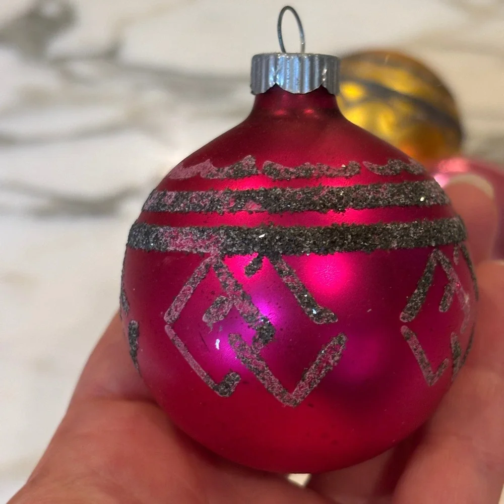 Shiny Brite Vintage Mica Glitter Stencil Glass Christmas Ornaments Pink Gold